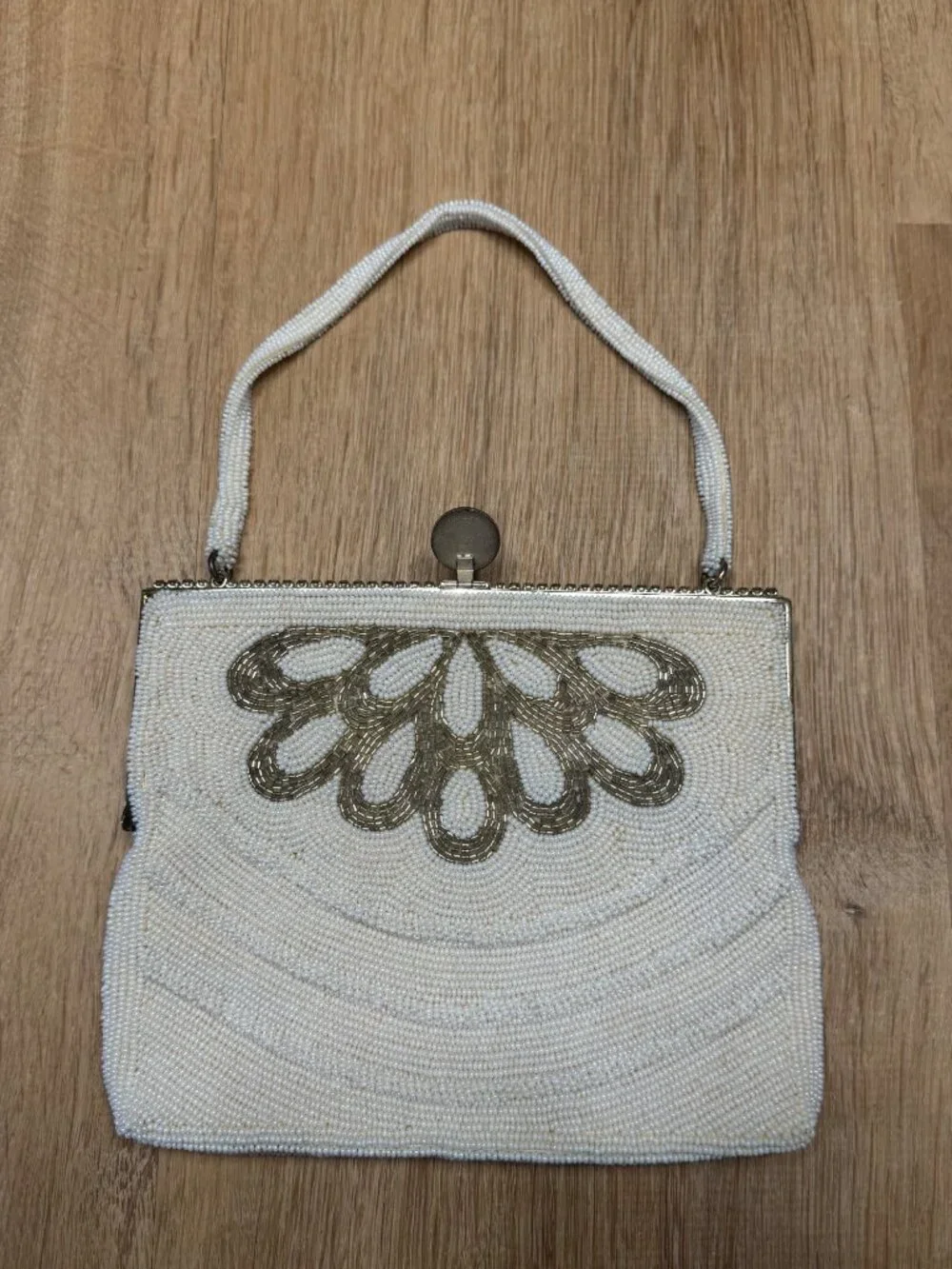 Vintage 1950s Beaded Evening Bag Ivory Pearl Japan Clutch Purse Floral Metal Fra